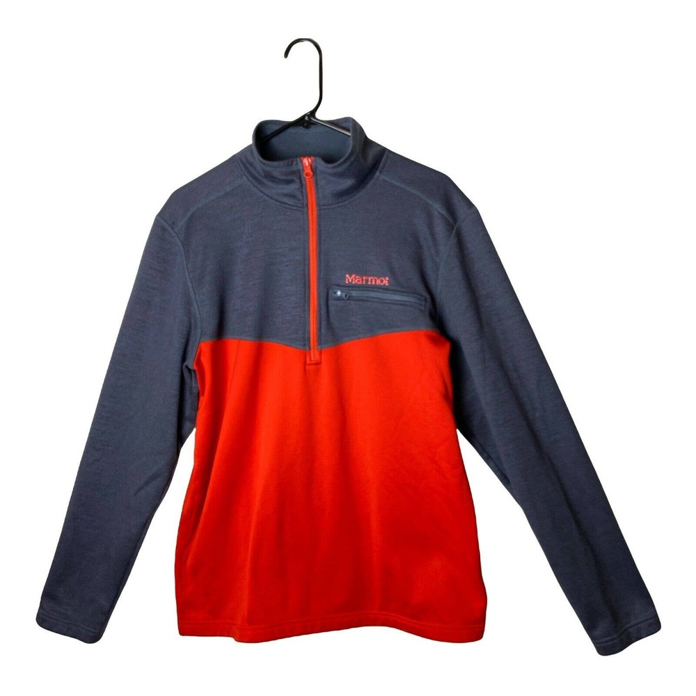 Marmot‎ Men's Medium Orange Gray Fleece Lightweight 1/2 Half Zip Mock Pullover